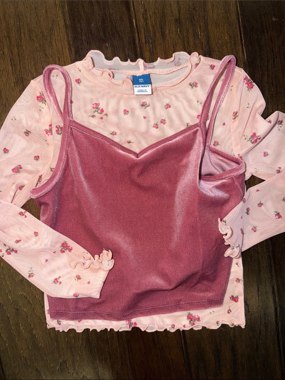 Old Navy Girls' Pink Floral Mesh Top with Dusty Rose Velvet Cami size 5